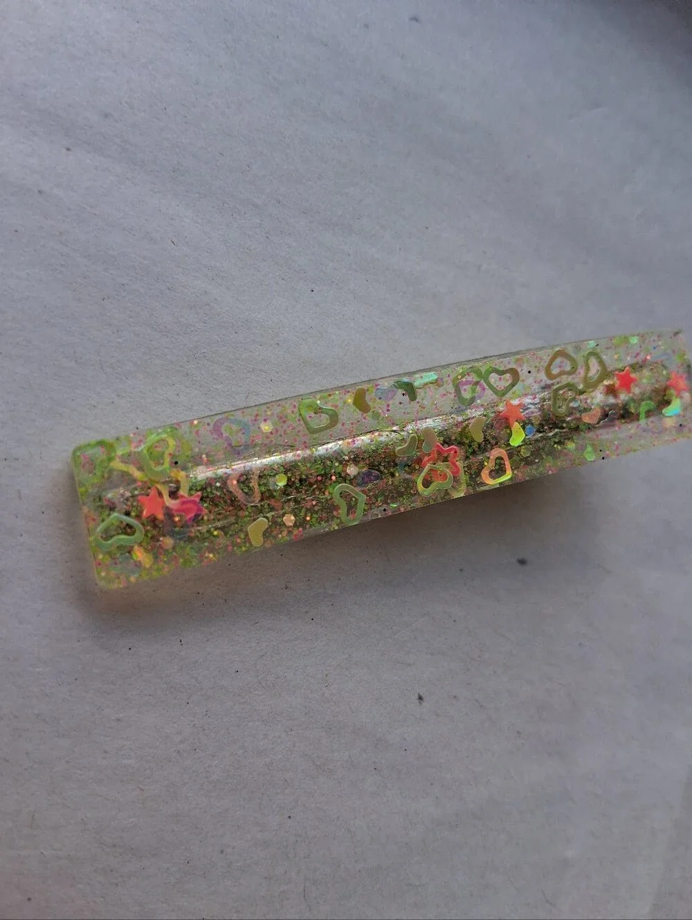 5/$25 Hand Crafted Clear Resin Barrette with Neon Green Hearts & Pink Stars